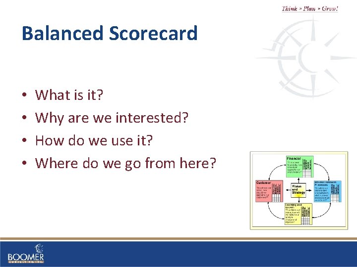 Balanced Scorecard • • What is it? Why are we interested? How do we