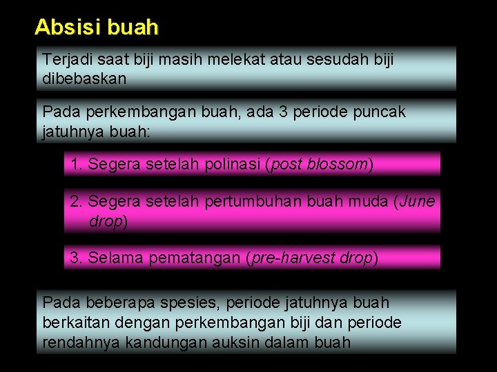 Absisi buah Terjadi saat biji masih melekat atau sesudah biji dibebaskan Pada perkembangan buah,