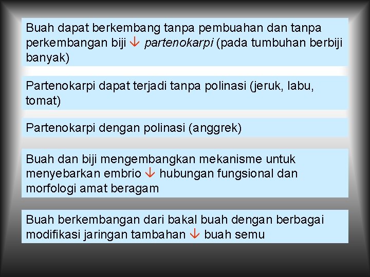 Buah dapat berkembang tanpa pembuahan dan tanpa perkembangan biji partenokarpi (pada tumbuhan berbiji banyak)