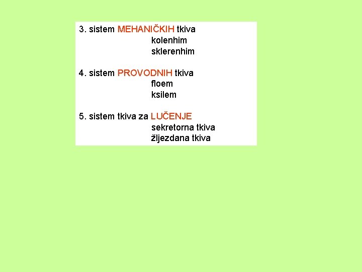 3. sistem MEHANIČKIH tkiva kolenhim sklerenhim 4. sistem PROVODNIH tkiva floem ksilem 5. sistem