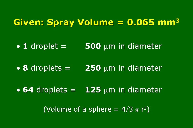 Given: Spray Volume = 0. 065 mm 3 • 1 droplet = 500 m