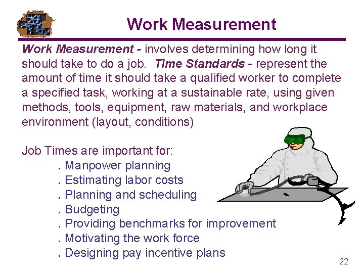 Work Measurement - involves determining how long it should take to do a job.