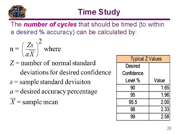 Time Study The number of cycles that should be timed (to within a desired