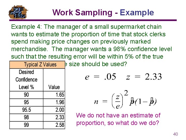 Work Sampling - Example 4: The manager of a small supermarket chain wants to