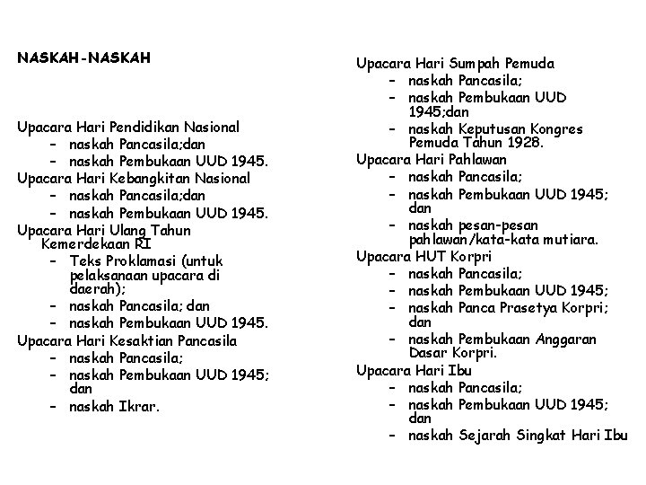 NASKAH-NASKAH Upacara Hari Pendidikan Nasional – naskah Pancasila; dan – naskah Pembukaan UUD 1945.