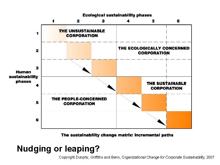 Nudging or leaping? Copyright Dunphy, Griffiths and Benn, Organizational Change for Corporate Sustainability, 2007