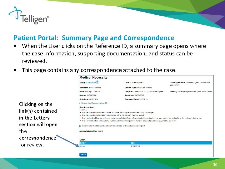 Patient Portal: Summary Page and Correspondence § When the User clicks on the Reference