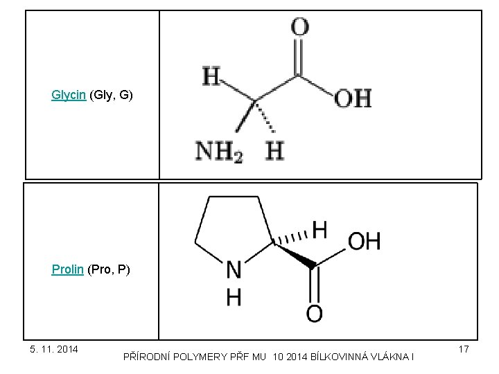 Glycin (Gly, G) Prolin (Pro, P) 5. 11. 2014 PŘÍRODNÍ POLYMERY PŘF MU 10