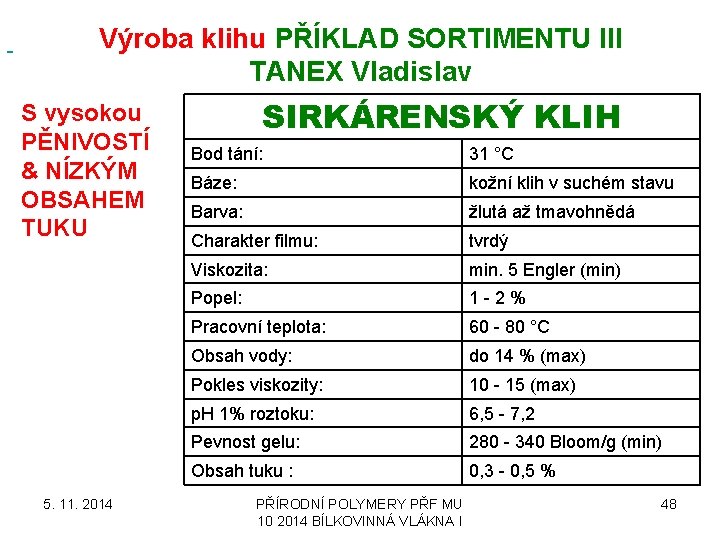  Výroba klihu PŘÍKLAD SORTIMENTU III TANEX Vladislav S vysokou PĚNIVOSTÍ & NÍZKÝM OBSAHEM
