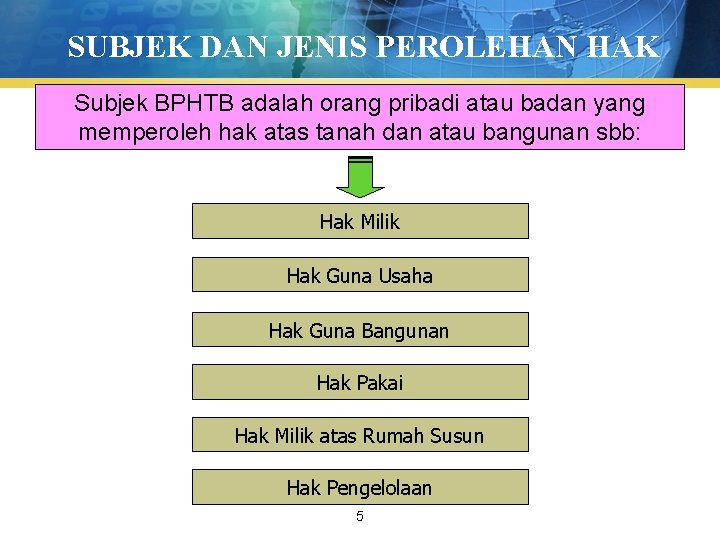 SUBJEK DAN JENIS PEROLEHAN HAK Subjek BPHTB adalah orang pribadi atau badan yang memperoleh