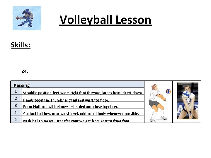 Volleyball Lesson Skills: 24. Passing 1 Straddle position-feet wide, right foot forward, knees bent,