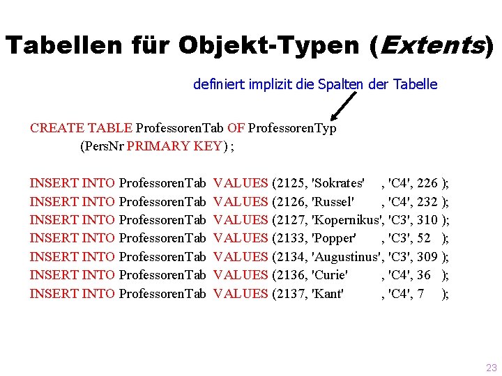Tabellen für Objekt-Typen (Extents) definiert implizit die Spalten der Tabelle CREATE TABLE Professoren. Tab