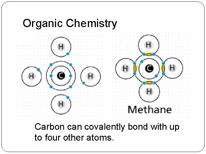 Organic Chemistry Carbon can covalently bond with up to four other atoms. 