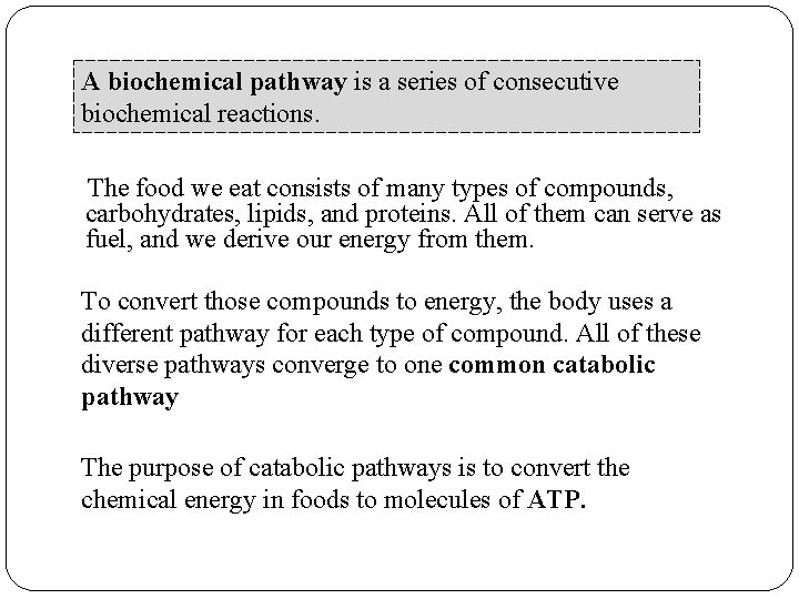 A biochemical pathway is a series of consecutive biochemical reactions. The food we eat