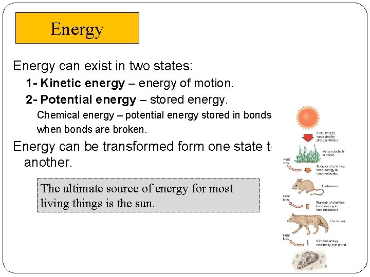 Energy can exist in two states: 1 - Kinetic energy – energy of motion.