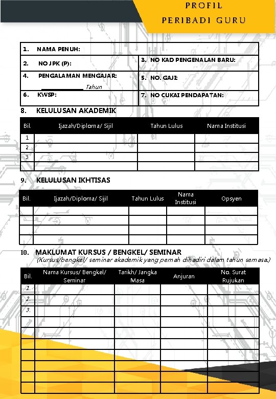 PROFIL PERIBADI GURU 1. NAMA PENUH: 3. NO KAD PENGENALAN BARU: 2. NO JPK PROFIL PERIBADI GURU 1. NAMA PENUH: 3. NO KAD PENGENALAN BARU: 2. NO JPK