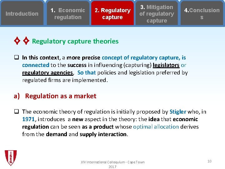 Introduction 1. Economic regulation 2. Regulatory capture 3. Mitigation of regulatory capture 4. Conclusion