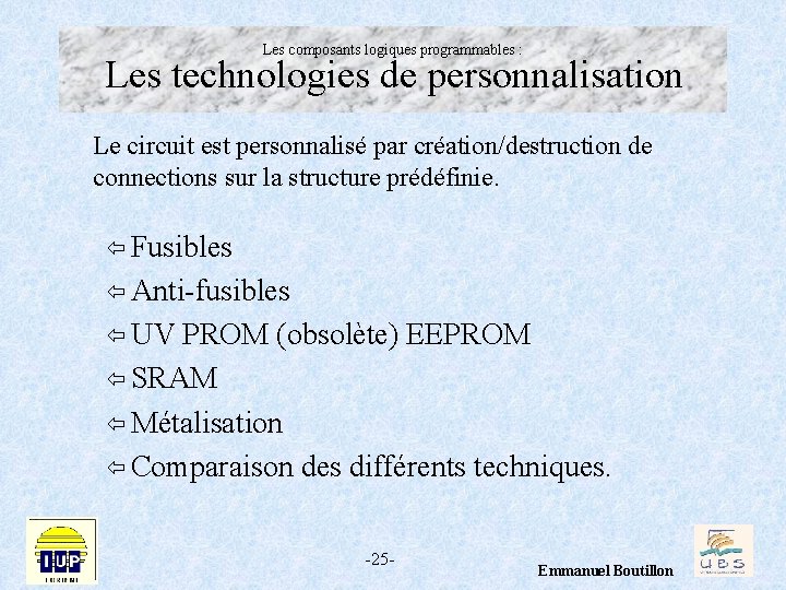 Les composants logiques programmables : Les technologies de personnalisation Le circuit est personnalisé par