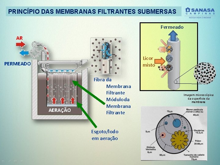 PRINCÍPIO DAS MEMBRANAS FILTRANTES SUBMERSAS Permeado AR Licor misto PERMEADO AERAÇÃO Fibra da Membrana