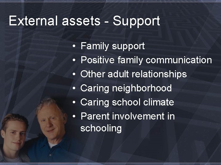 External assets - Support • • • Family support Positive family communication Other adult