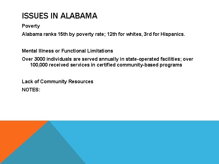 ISSUES IN ALABAMA Poverty Alabama ranks 15 th by poverty rate; 12 th for