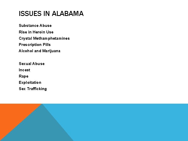 ISSUES IN ALABAMA Substance Abuse Rise in Heroin Use Crystal Methamphetamines Prescription Pills Alcohol