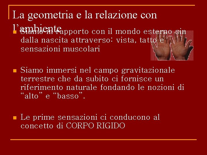 La geometria e la relazione con l’ambiente n Siamo in rapporto con il mondo
