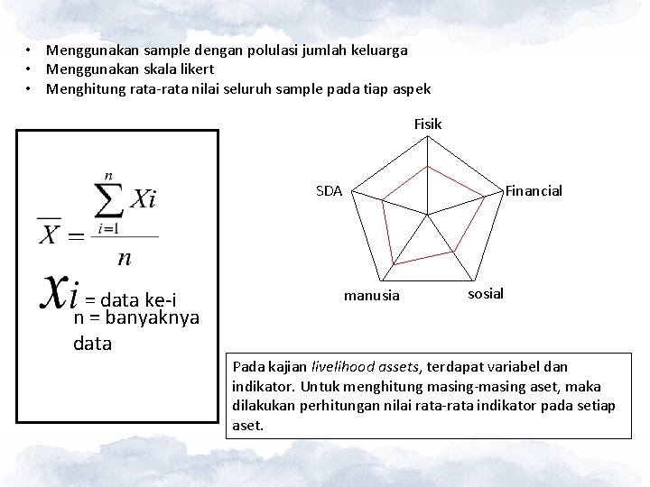 Livelihood Assets • Menggunakan sample dengan polulasi jumlah keluarga • Menggunakan skala likert •