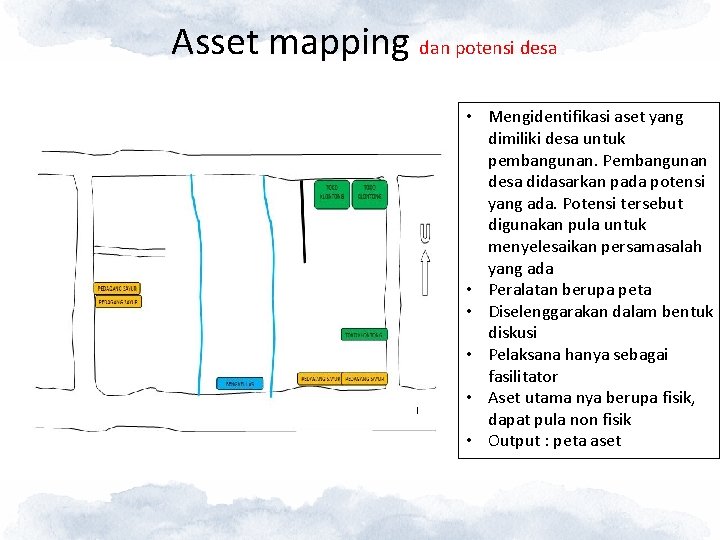 Asset mapping dan potensi desa • Mengidentifikasi aset yang dimiliki desa untuk pembangunan. Pembangunan