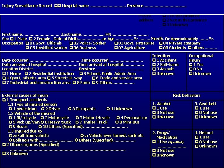Injury Surveillance Record Hospital name …………. . …………… Province……………. . . Present address 1