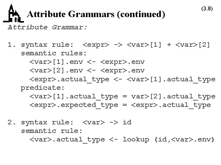 Attribute Grammars (continued) (3. 8) Attribute Grammar: 1. syntax rule: <expr> -> <var>[1] +