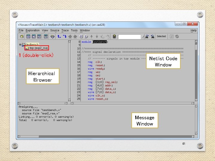 1 (double-click) Netlist Code Window Hierarchical Browser Message Window 61 