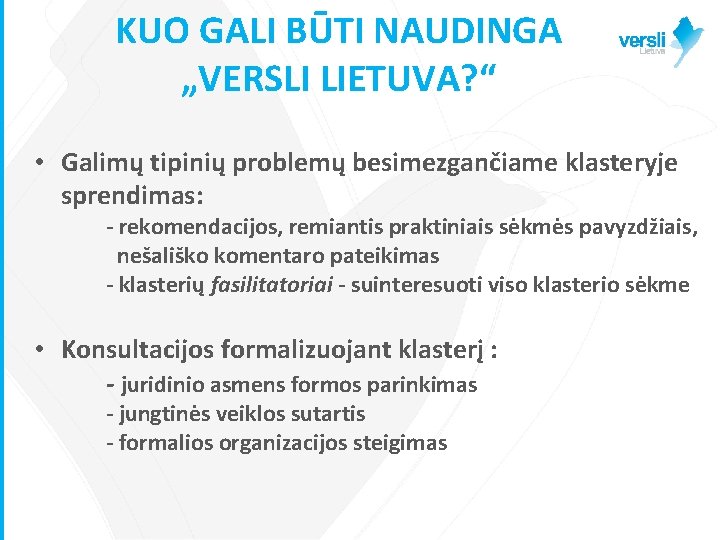 KUO GALI BŪTI NAUDINGA „VERSLI LIETUVA? “ • Galimų tipinių problemų besimezgančiame klasteryje sprendimas: