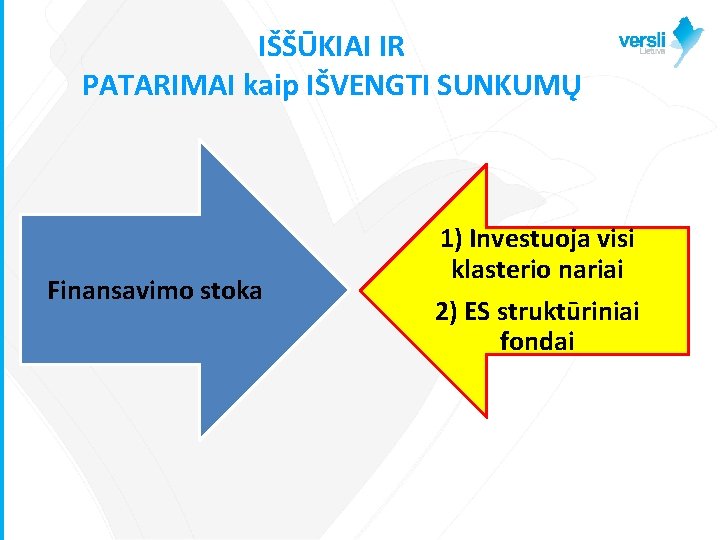 IŠŠŪKIAI IR PATARIMAI kaip IŠVENGTI SUNKUMŲ Finansavimo stoka 1) Investuoja visi klasterio nariai 2)