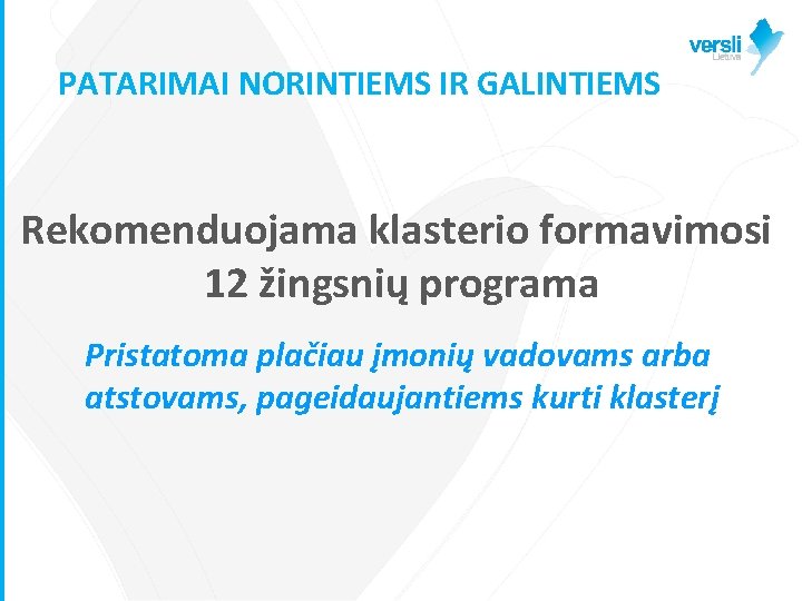 PATARIMAI NORINTIEMS IR GALINTIEMS Rekomenduojama klasterio formavimosi 12 žingsnių programa Pristatoma plačiau įmonių vadovams