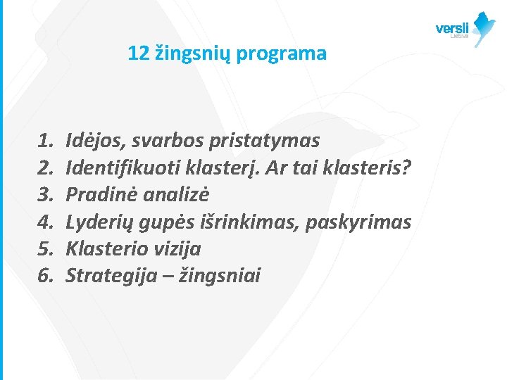 12 žingsnių programa 1. 2. 3. 4. 5. 6. Idėjos, svarbos pristatymas Identifikuoti klasterį.