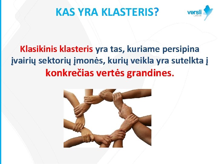 KAS YRA KLASTERIS? Klasikinis klasteris yra tas, kuriame persipina įvairių sektorių įmonės, kurių veikla