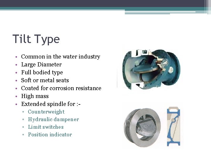 Tilt Type • • Common in the water industry Large Diameter Full bodied type