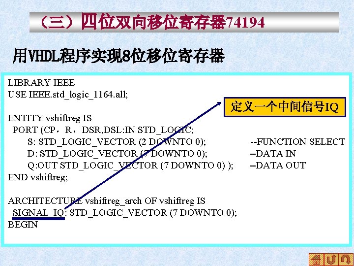（三）四位双向移位寄存器 74194 用VHDL程序实现 8位移位寄存器 LIBRARY IEEE USE IEEE. std_logic_1164. all; 定义一个中间信号IQ ENTITY vshiftreg IS