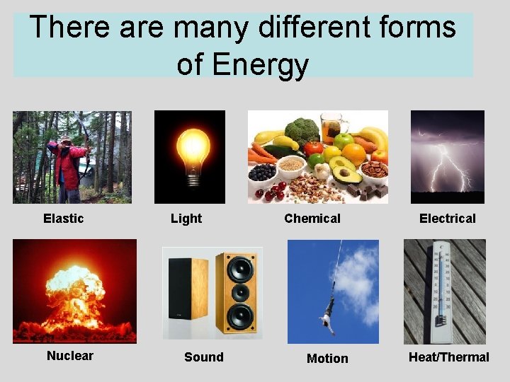 There are many different forms of Energy Elastic Nuclear Light Sound Chemical Motion Electrical