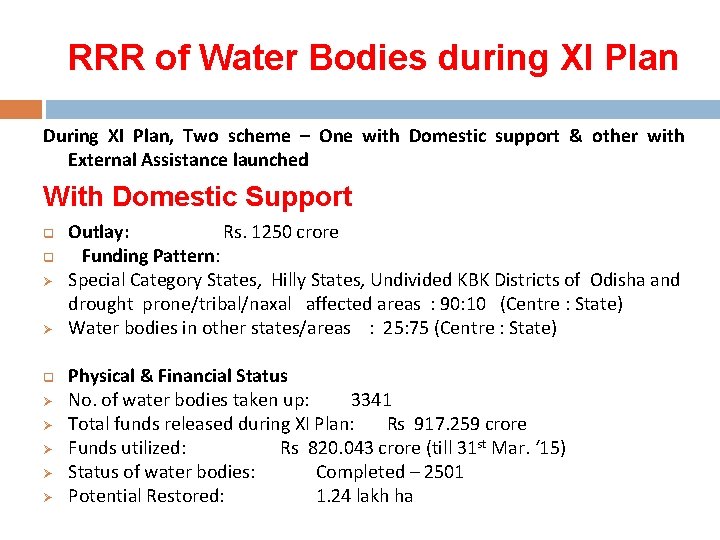  RRR of Water Bodies during XI Plan During XI Plan, Two scheme –
