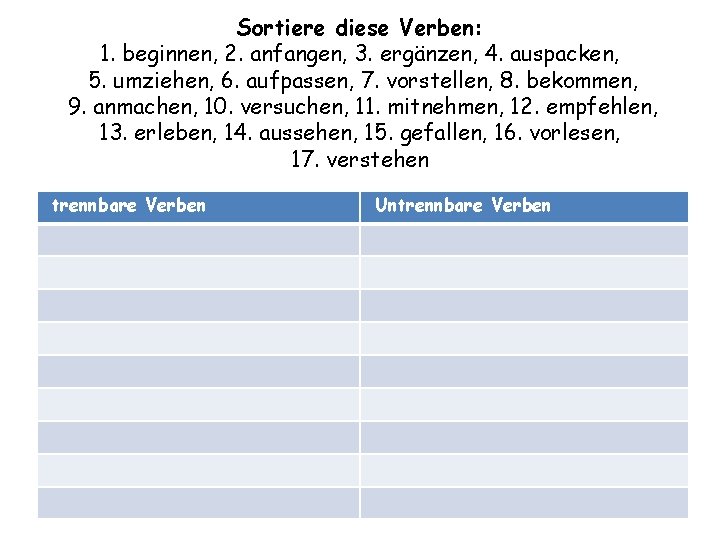 Sortiere diese Verben: 1. beginnen, 2. anfangen, 3. ergänzen, 4. auspacken, 5. umziehen, 6.