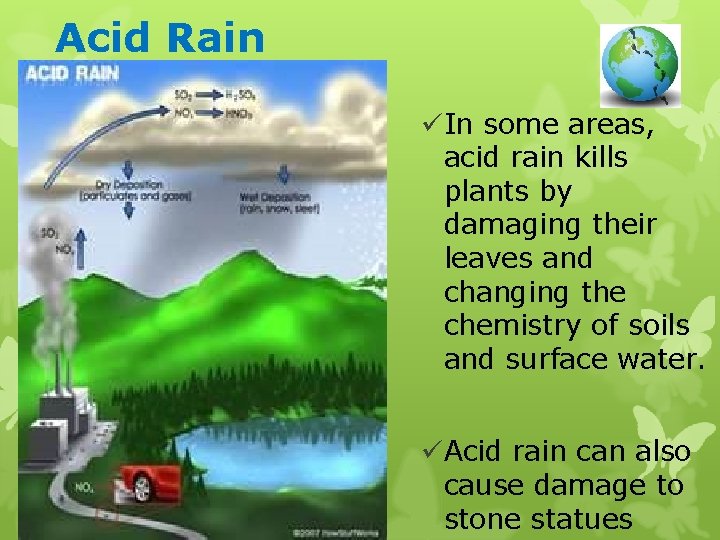 Acid Rain üIn some areas, acid rain kills plants by damaging their leaves and