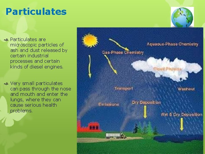 Particulates are microscopic particles of ash and dust released by certain industrial processes and
