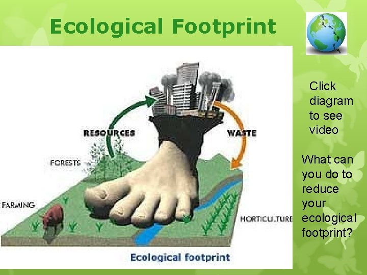 Ecological Footprint Click diagram to see video What can you do to reduce your