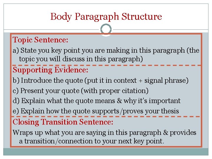 Body Paragraph Structure Topic Sentence: a) State you key point you are making in