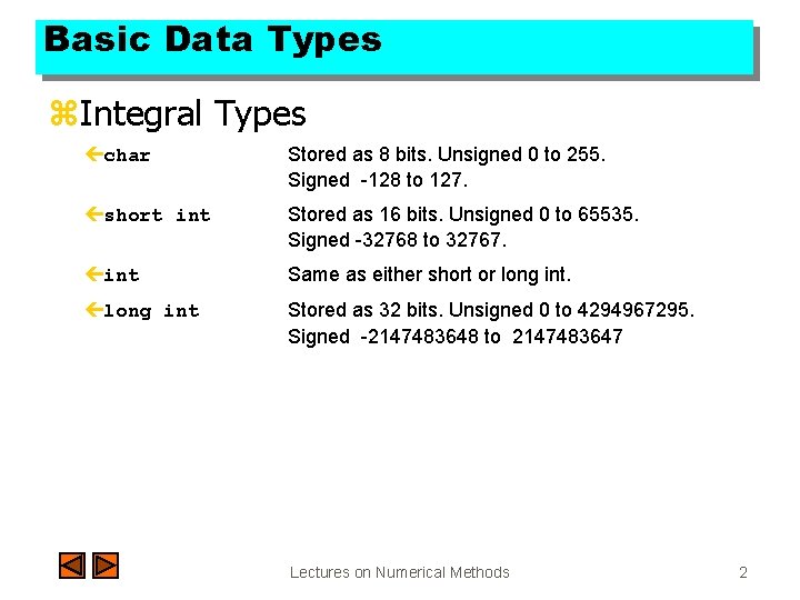 Basic Data Types z. Integral Types çchar Stored as 8 bits. Unsigned 0 to