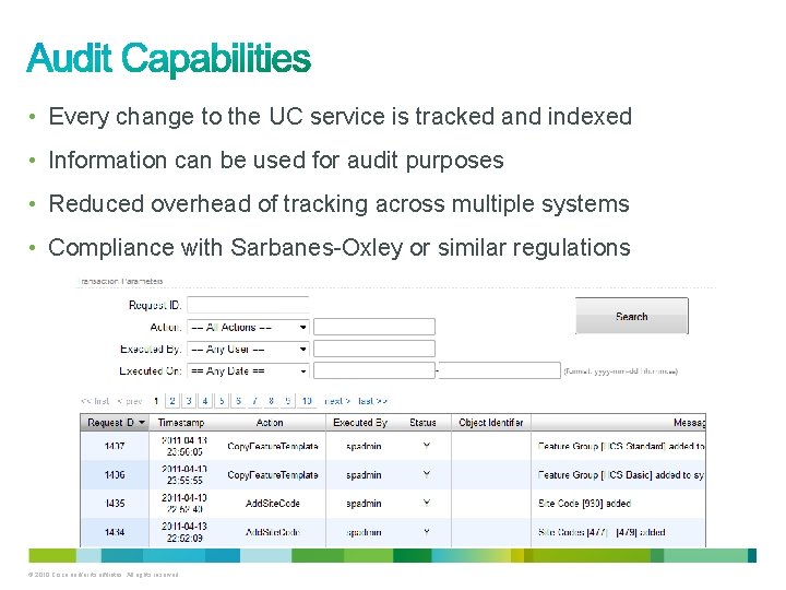  • Every change to the UC service is tracked and indexed • Information