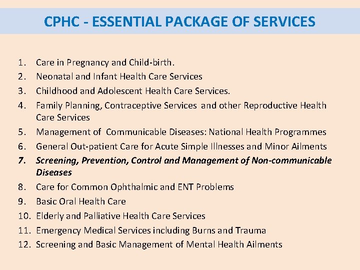 CPHC - ESSENTIAL PACKAGE OF SERVICES 1. 2. 3. 4. Care in Pregnancy and