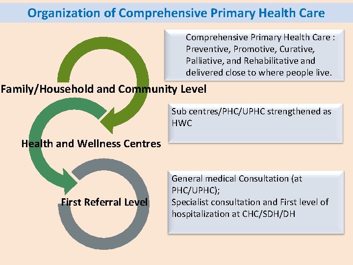 Organization of Comprehensive Primary Health Care : Preventive, Promotive, Curative, Palliative, and Rehabilitative and